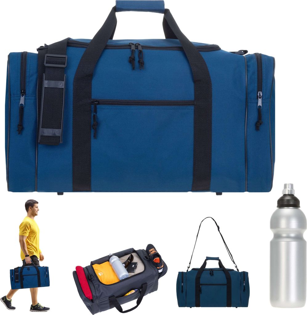 Sporttasche Herren groß Spear Gym 55 cm 40 Liter Large Reisetasche Saunatasche Fitnesstasche Freizeittasche Tasche 657 Fußball Blau + Trinkflasche