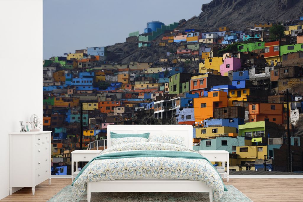 MuchoWow Fototapete für Wohnzimmer oder Schlafzimmer Wandtapete Vinyl Motivtapete Bunte Häuser in Lima - 420x280 cm - Zimmer für Kinder