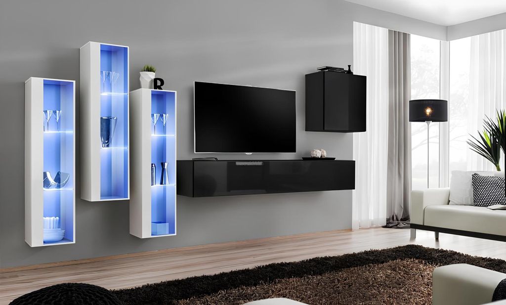 Schwarz TV Ständer Wohnwand Set 5tlg Wandschrank Holzmöbel Designer Neu