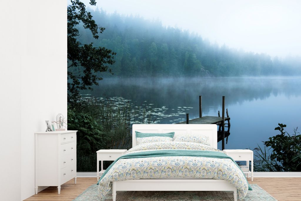 MuchoWow Fototapete für Wohnzimmer oder Schlafzimmer Wandtapete Vinyl Motivtapete Natur - See - Wald - Nebel - 385x280 cm - Wallpaper