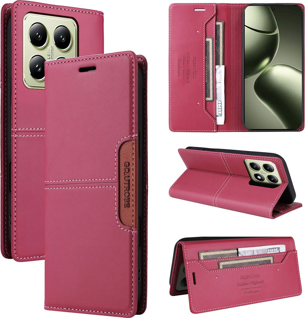 Handyhülle für Xiaomi 14T Hülle, Leder Flip Wallet Kartenfach Stand Schutzhülle Rot