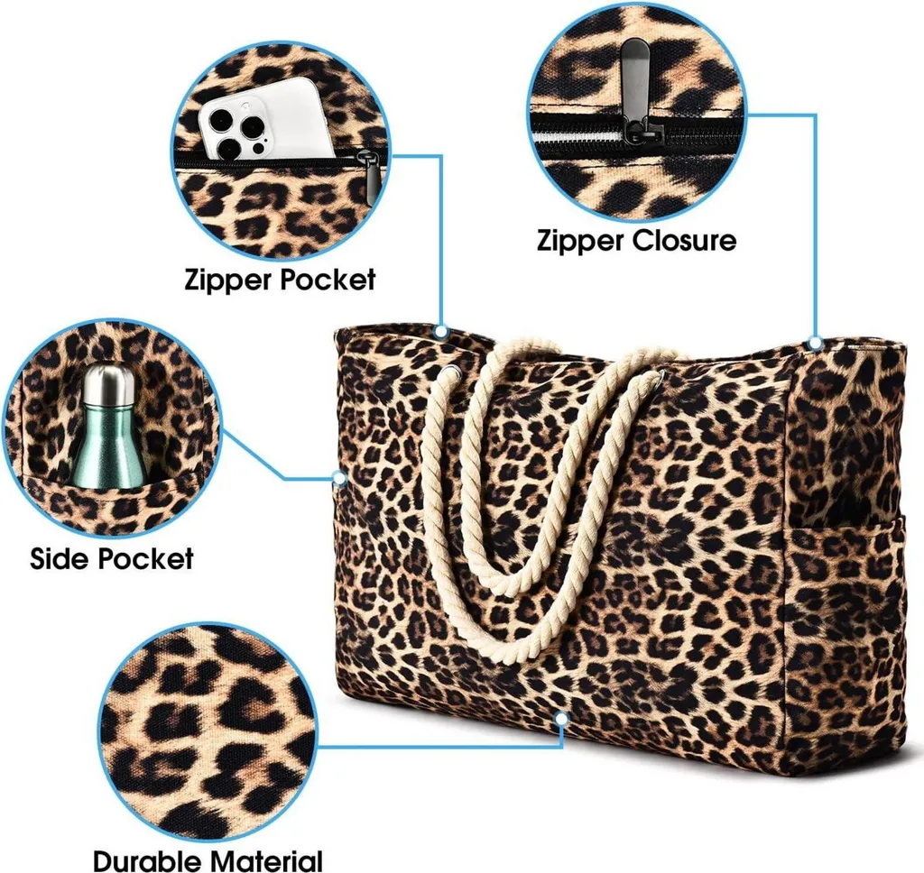 Sac de plage imperméable XL avec fermeture éclair et imprimé léopard chic