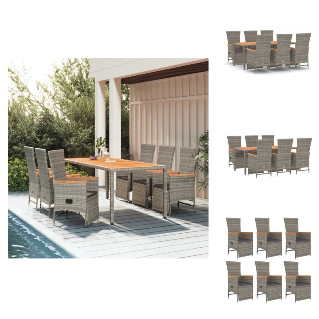 vidaXL 7-tlg. Garten-Essgruppe mit Kissen Grau Poly Rattan - Gartenstühle