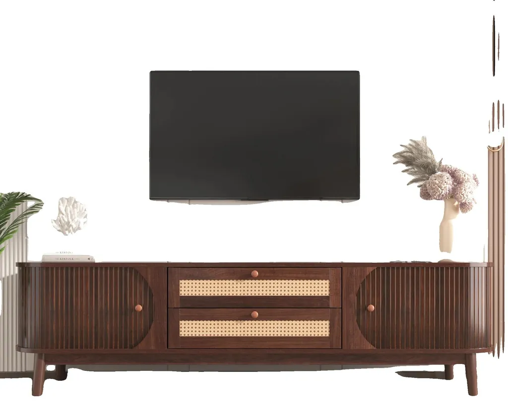 Meuble TV robuste bois et rotin pour optimiser le rangement de votre salon