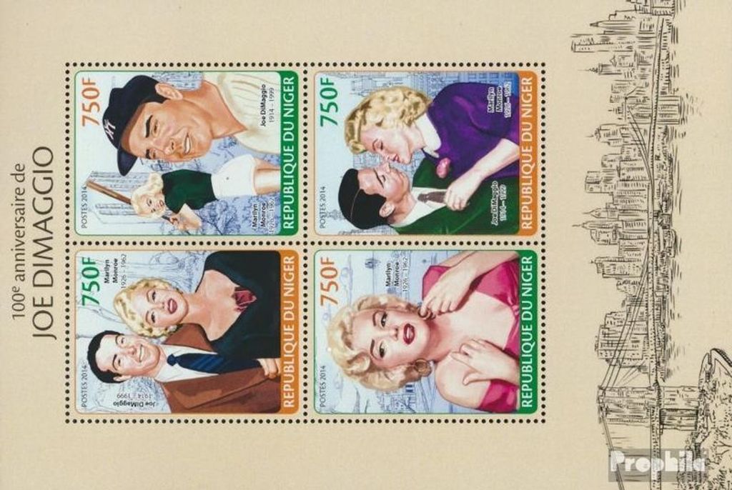 Briefmarken Niger 2014 Mi 2692-2695 Kleinbogen (kompl. Ausg.) postfrisch Joe DiMaggio