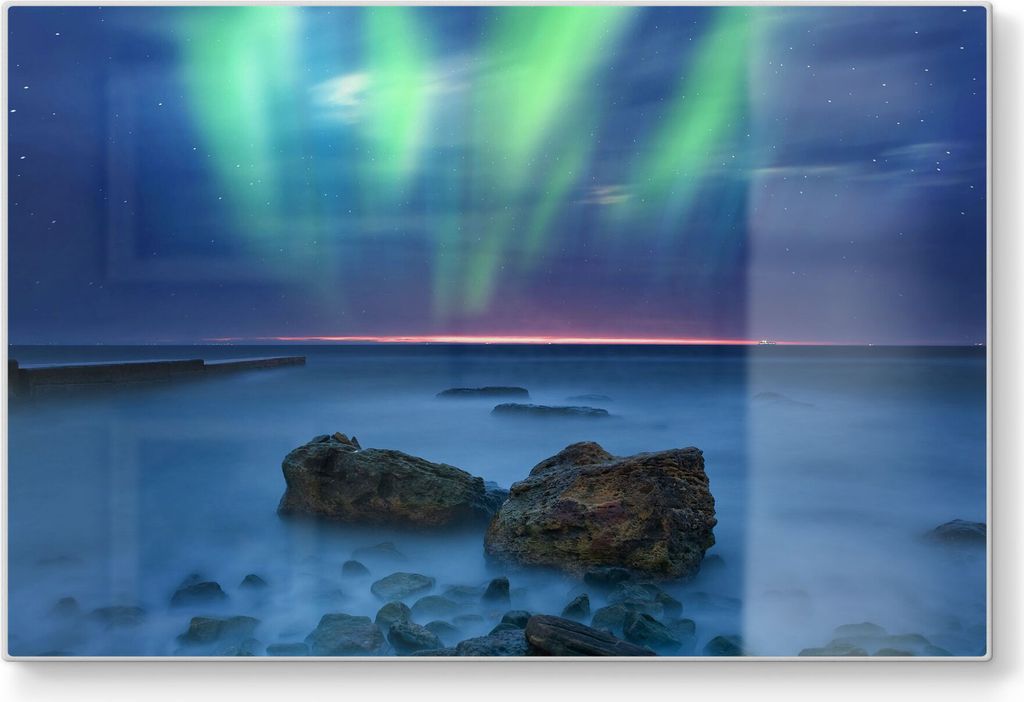 DEQORI Schneidebrett Glas 30x20 cm 'Polarlicht über Felsküste' Schneideplatte groß