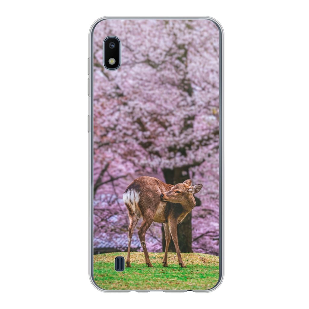 MuchoWow Handyhülle Schutzhülle Hülle für Samsung Galaxy A10 Hirsch - Rosa - Blüte Silikon Softcase Handy Hülle - Schutzhülle