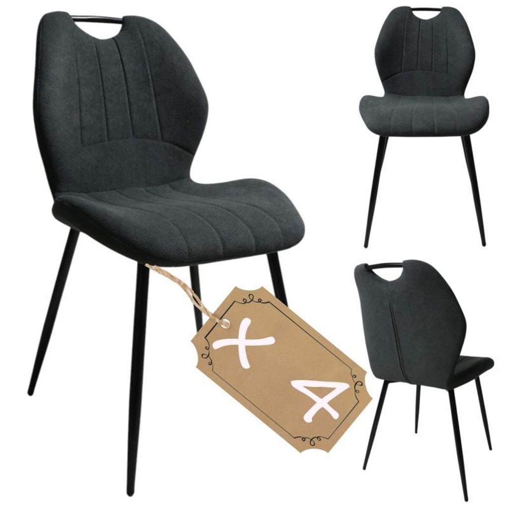 4 x Satz Schwarz gepolstertes Esszimmerstuhl Stoff, modern, komfortabel, robust, ergonomisch, Wohnzimmer, hoher Sitzkomfort, stabile Metallbeine,