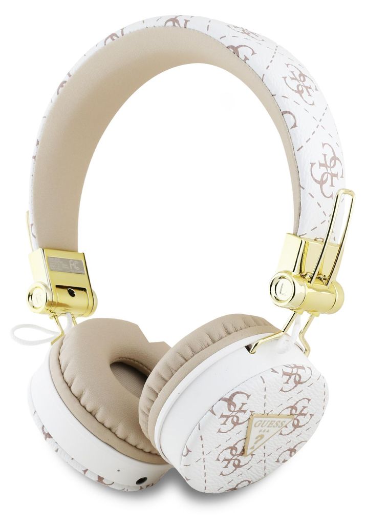 A pair of white and gold GUESS headphones with a patterned design.