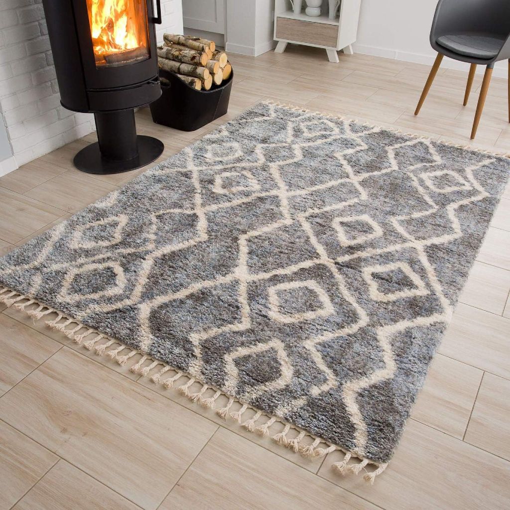 Teppich Wohnzimmer Schlafzimmer Grau Creme Hochflor Langflor Fransen Boho 80 x 200 cm