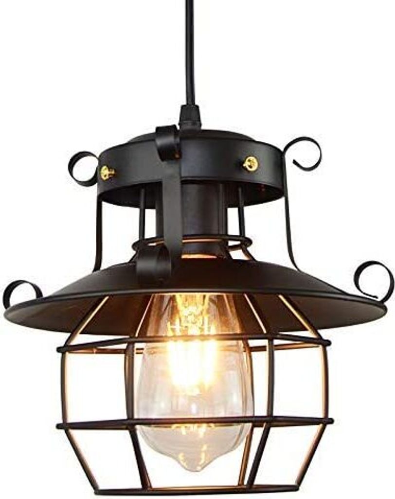 A black vintage-style pendant light with a visible Edison bulb.
