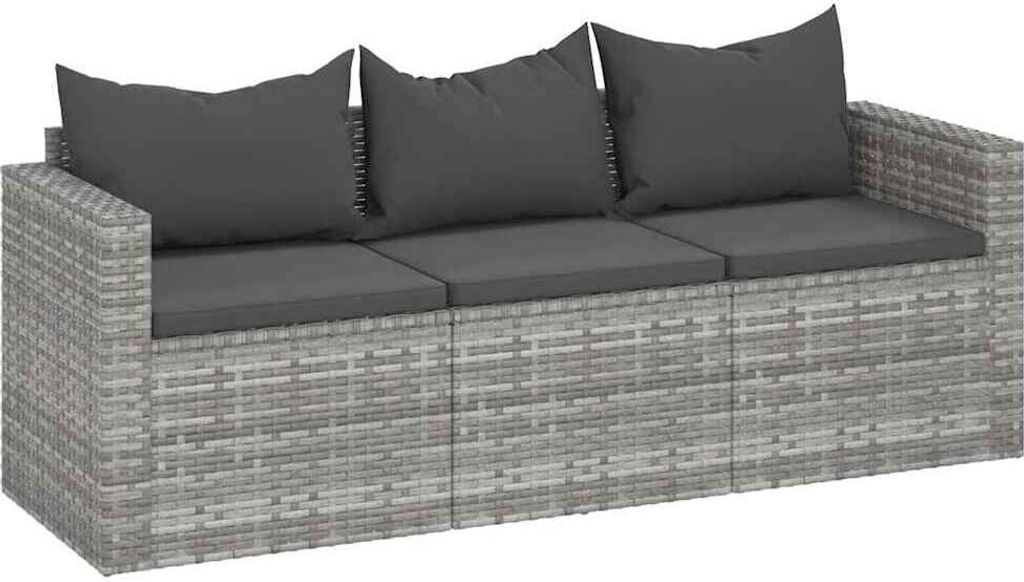 A three-seater outdoor sofa with dark gray cushions, set against a white background.