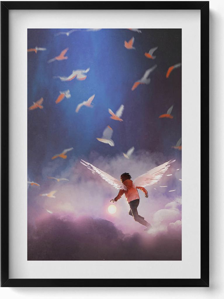 Junge mit Engelsflügeln– Wandbild mit Rahmen – Gerahmtes Bild – Wanddekoration – 50x70 cm – Schwarz Rahmen