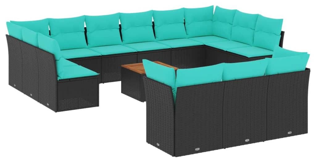 vidaXL 14-tlg. Garten-Sofagarnitur mit Kissen Schwarz Poly Rattan