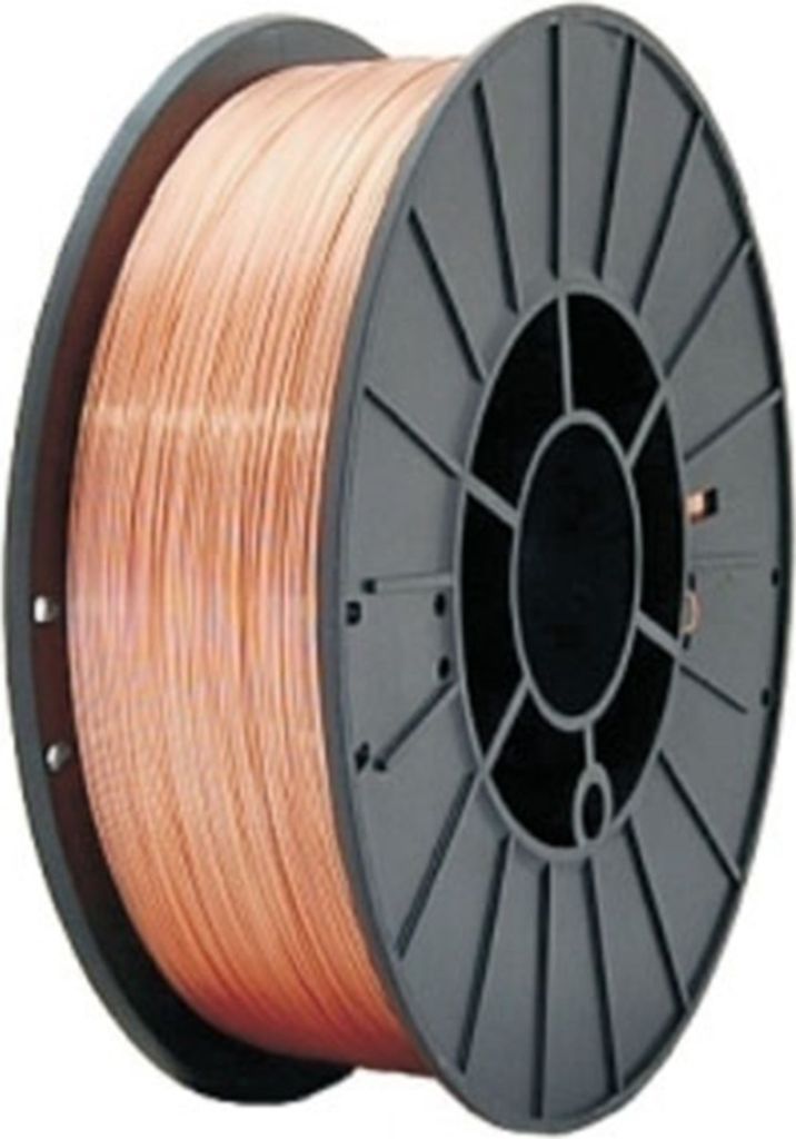A spool of copper welding wire on a gray plastic reel.