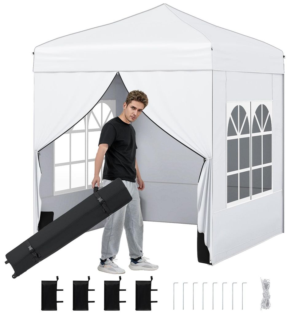 COSTWAY Pop Up Pavillon 2x2m, Gartenpavillon mit abnehmbaren Seitenwänden, Metallrahmen, Fenstern, 4 Sandsäcken & Rolltasche, Faltpavillon Weiß