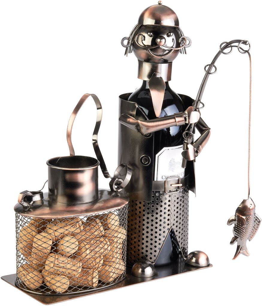 BRUBAKER Weinflaschenhalter Angler mit Fisch und Eimer für Korken Aufbewahrung - Flaschenhalter aus Metall - Geschenk Metallfigur mit Geschenkkarte