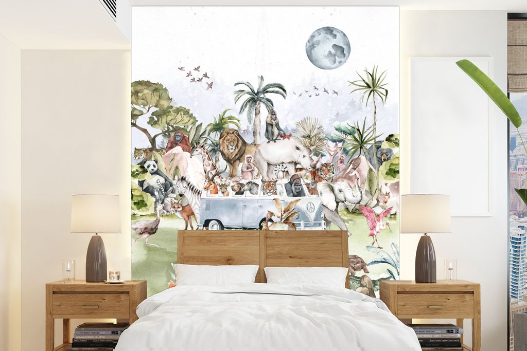 MuchoWow Fototapete für Wohnzimmer oder Schlafzimmer Wandtapete Vinyl Motivtapete Dschungel - Bus - Tiere - Kinder - Pflanzen - 165x220 cm - Kin...
