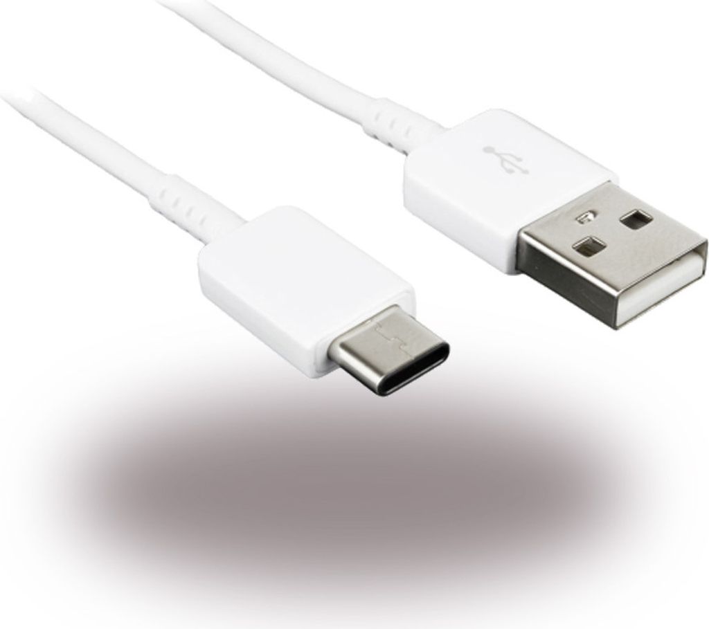 A white USB-A to USB-C cable is shown against a white background.