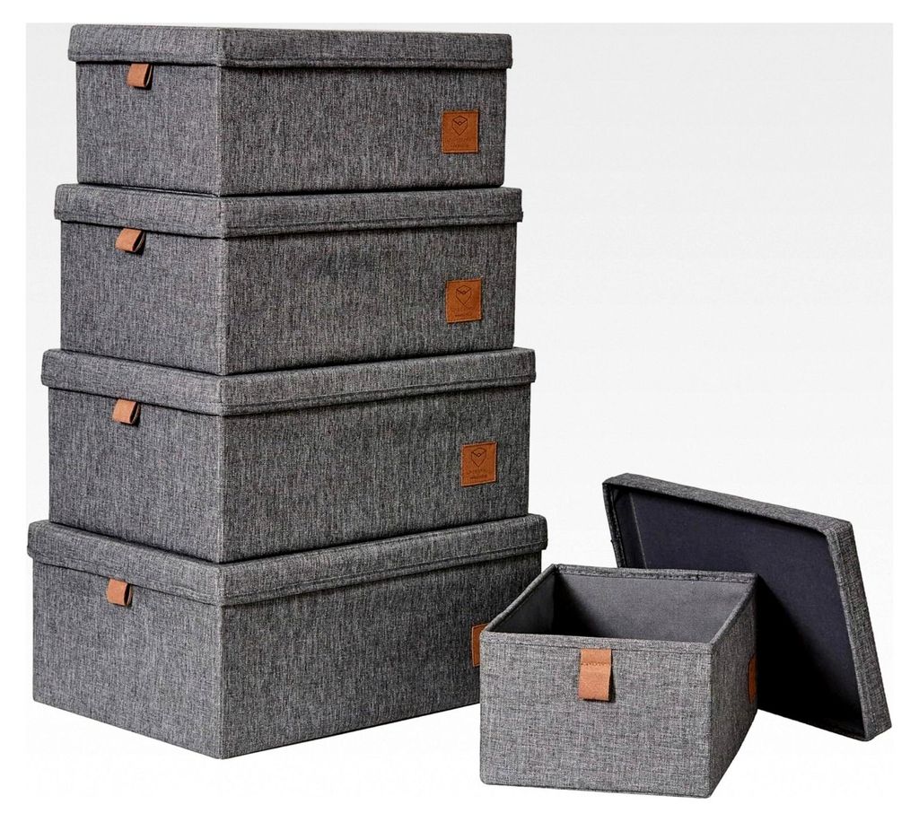Premium Aufbewahrungsbox mit Deckel Stoff 5-teilig - Stapelboxen aus Leinen - Verstärkt mit Karton - Grau - 5er Set, verschiedene Größen