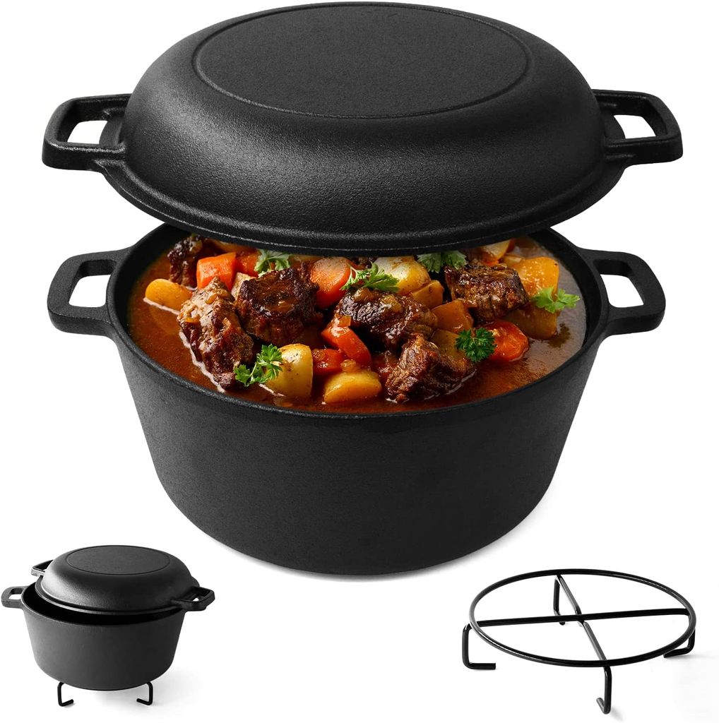 Joejis Dutch Oven 4,7 Liter aus Gusseisen - 1,75 Liter Vielzweck Deckel für Ofen und alle Herdarten zum Schmoren von Fleisch Brotbacken Eintopf un...