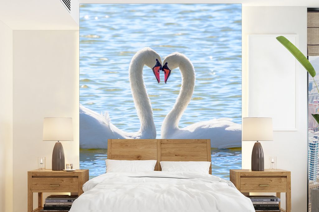 MuchoWow Fototapete für Wohnzimmer oder Schlafzimmer Wandtapete Vinyl Motivtapete Vögel - Schwan - Wasser - Liebe - Sonne - 175x240 cm - Schlaf...