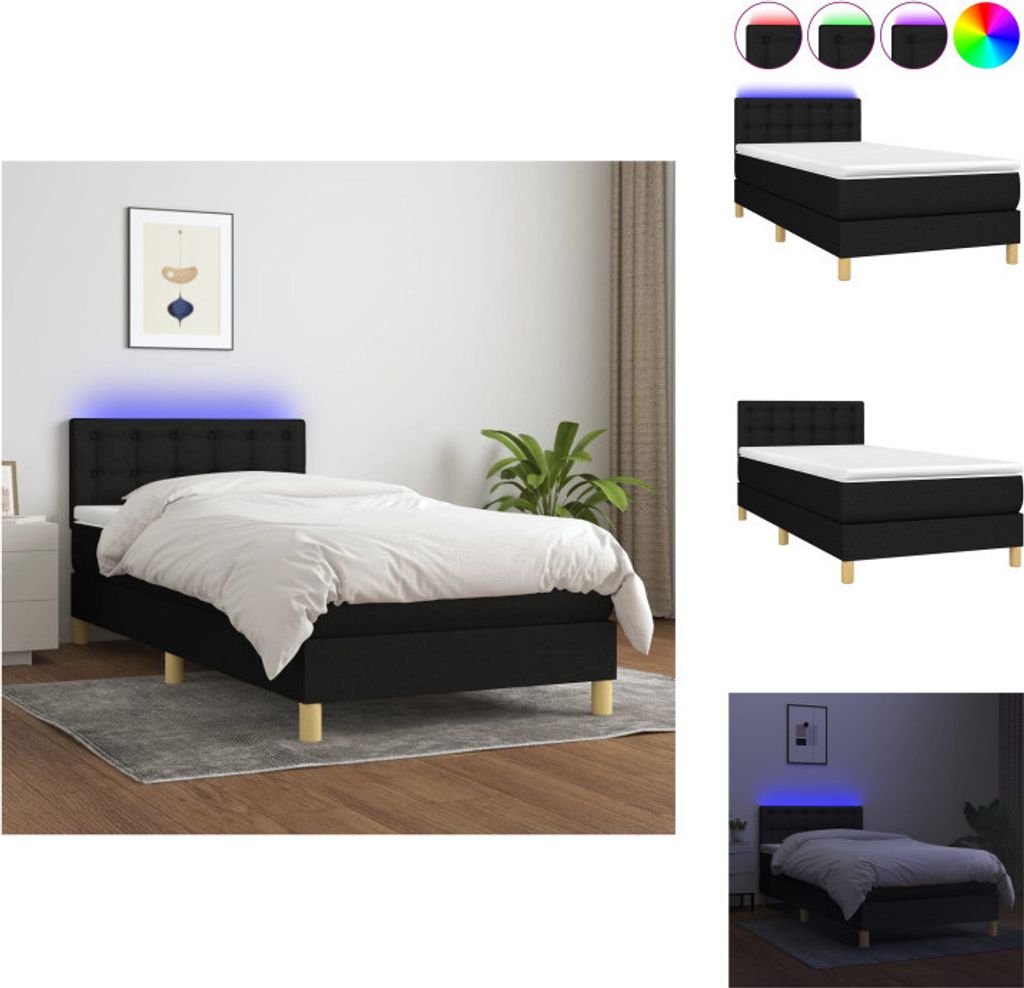 vidaXL Boxspringbett mit Matratze & LED Schwarz 90x200 cm Stoff - Betten & Bettgestelle