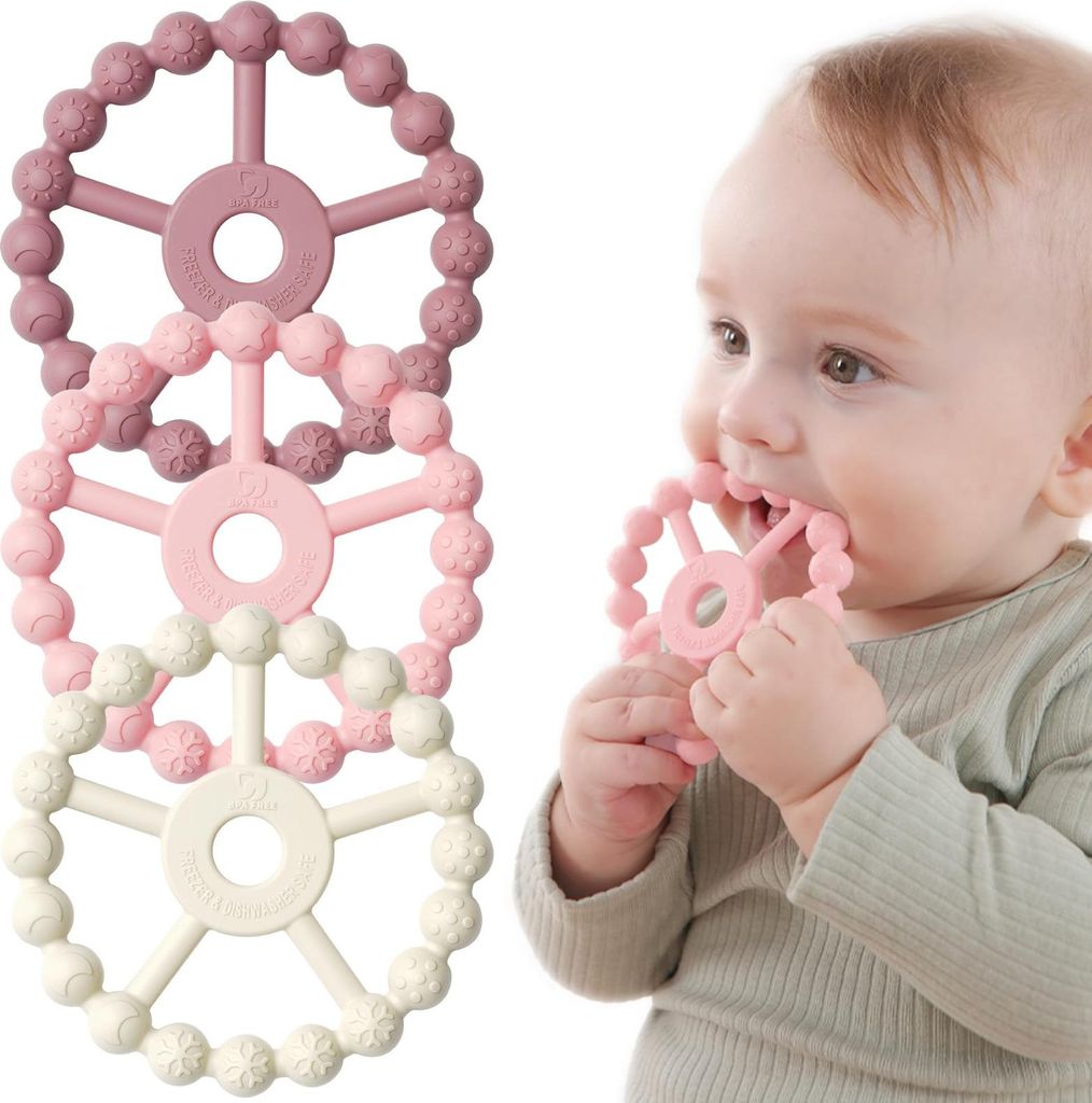 Seposeve Beißring 3er Pack, Kühlend Silikon Greifling Spielzeug Ab 9 Monaten, Babygeschenke 6-12, 12-24 Monate, BPA-FREI, Lila Rosa Weiß