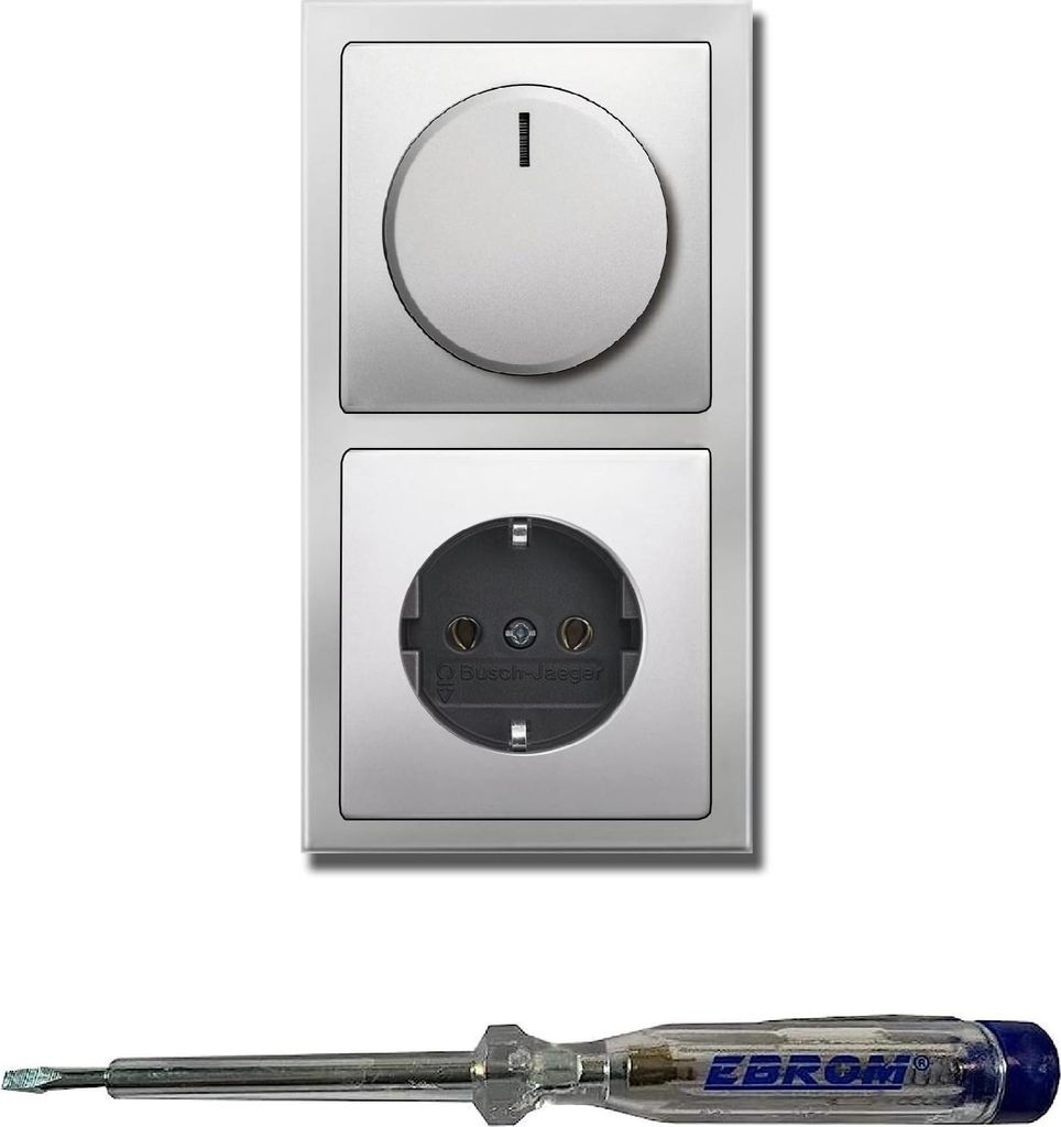 Busch Jäger 6523U-102 LED Drehdimmer Dimmer + Dimmerscheibe 6540-866-102 und Steckdose 20EUC-866 in PUR EDELSTAHL inklusive EBROM Phasenprüfer zu...