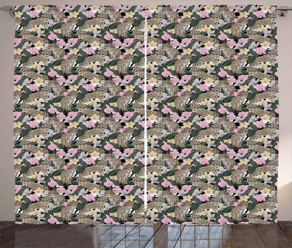 ABAKUHAUS Safari Tenda rustica, orchidee esotiche e giaguari, soggiorno Tenda universale con passanti e ganci, 280 x 245 cm, multicolore