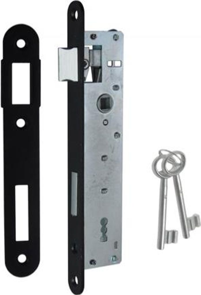 A lock mechanism and strike plate with two keys, presented on a white background.