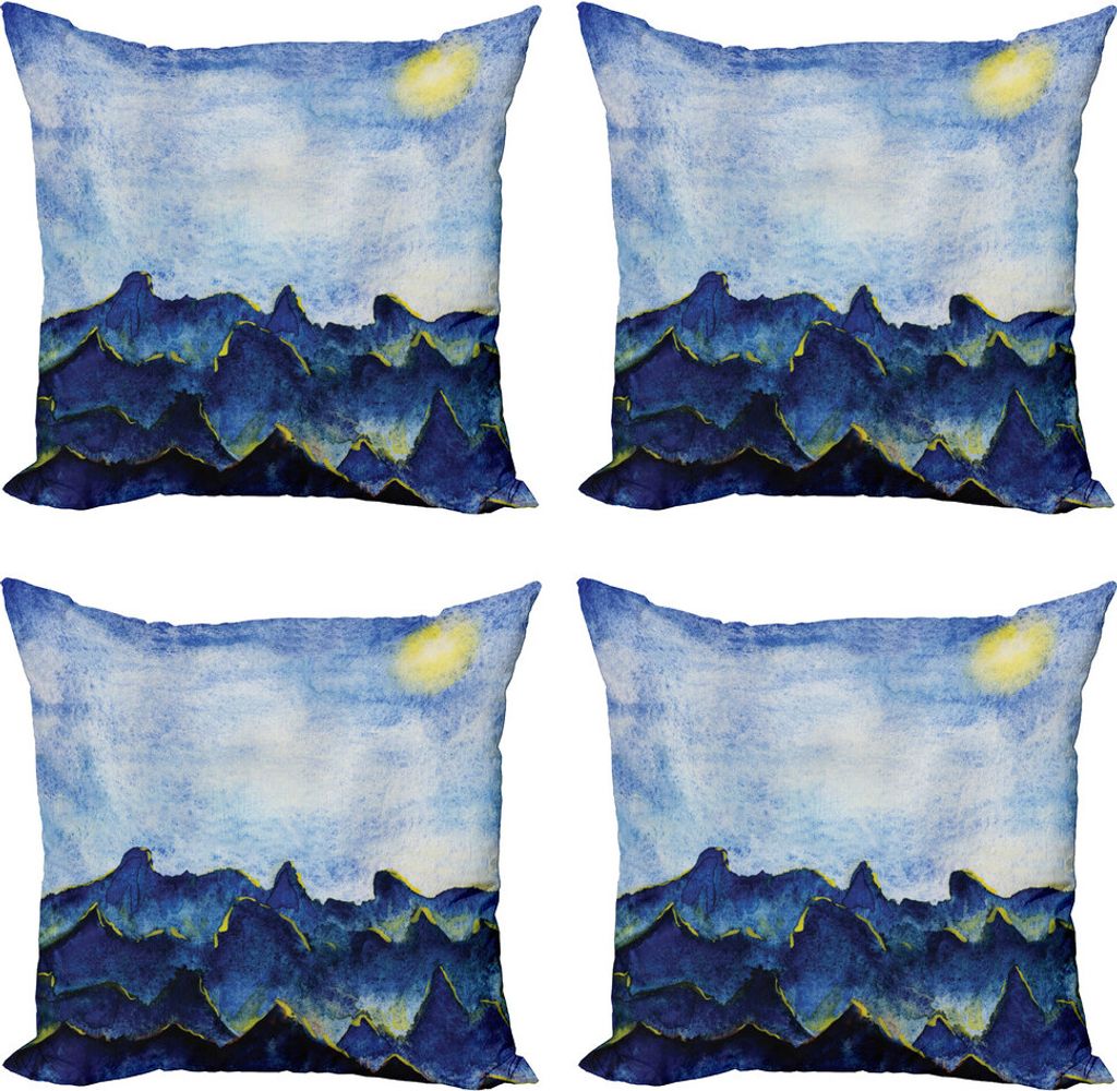 ABAKUHAUS Landschaft Kissenbezug Set (4 Stück), Hills Fee Wolken-Himmel, Moderner Doppelseitiger Digitaldruck, 50 cm x 50 cm, Gelb / Blau