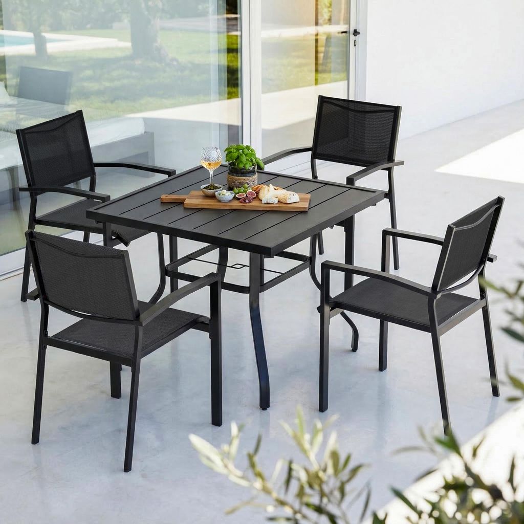 Avestar 5-teiliges Gartenmöbel set, Garten-Essset für 4 Personen, Gartentisch mit Schirmloch und 4 stapelbare Stühle, Schwarz