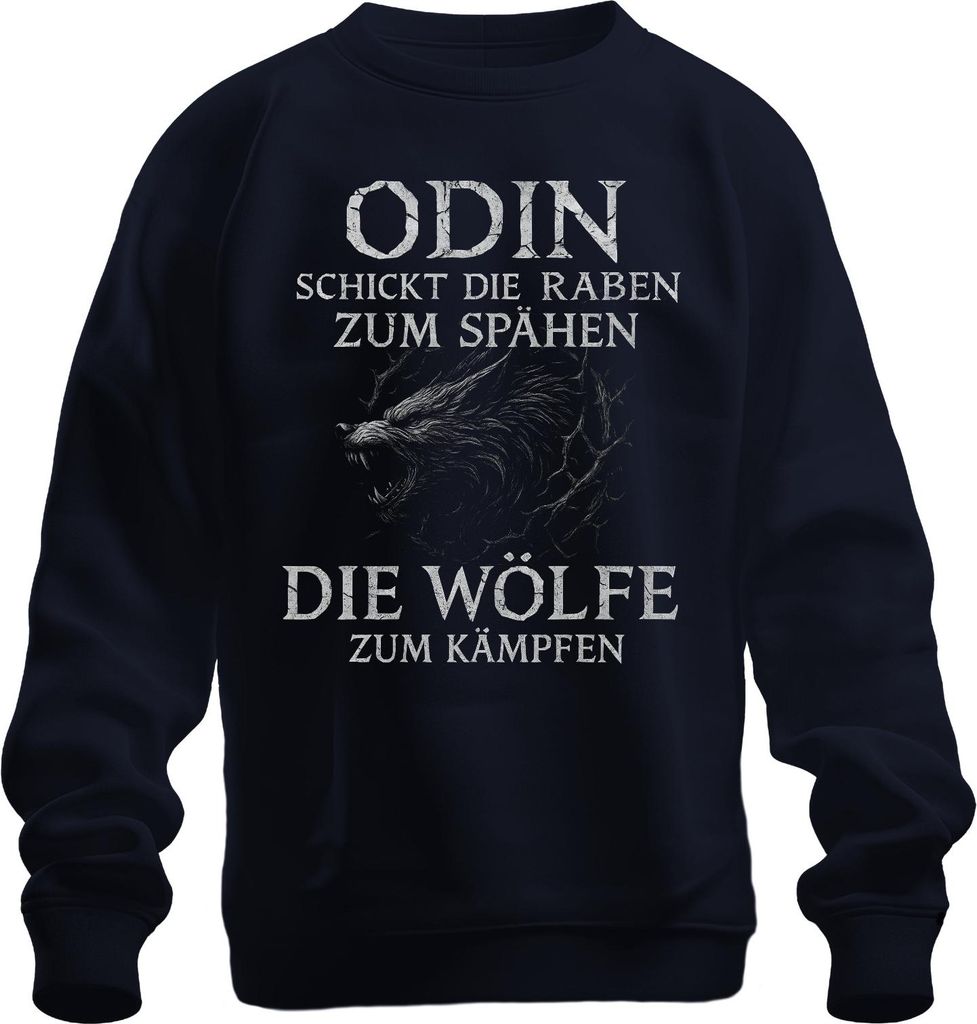 Odin schickt Raben Wölfe Kämpfen Wikinger Spruch Nordisch Runen Uni Sweatshirt Pullover, Navy, XXL