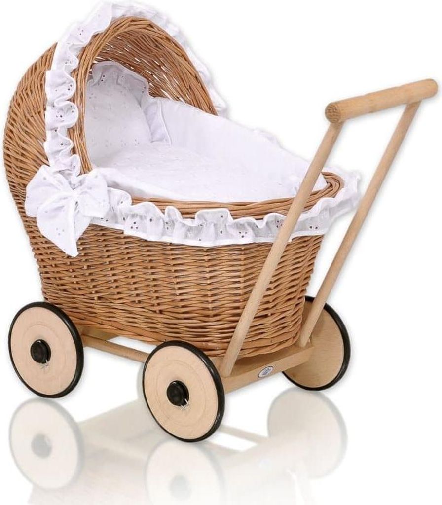 Riet Doll – Kinderwagen – handgefertigt, mit weißer Bettwäsche, stabilem Holzrahmen