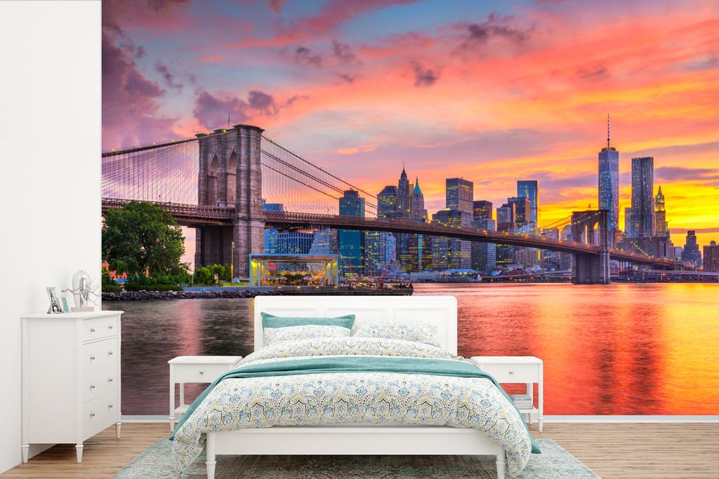 MuchoWow Fototapete für Wohnzimmer oder Schlafzimmer Wandtapete Vinyl Motivtapete New York - Sonne - Brooklyn Bridge - 330x220 cm - Fototapeten