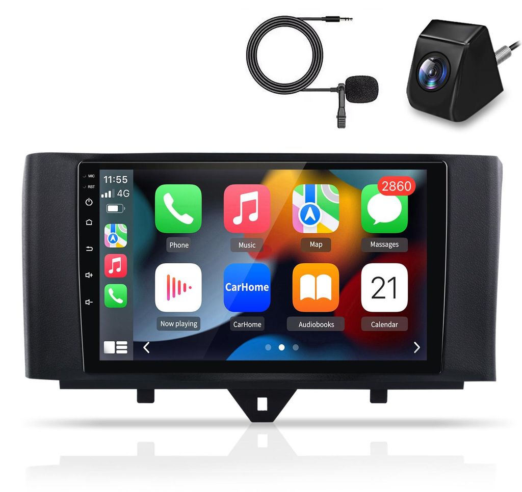 Autoradio Mit Kamera Mic für Smart Fortwo 451 2010-2015 Wireless CarPlay Android Auto 4G WiFi GPS Navigation 8Kern RDS DSP DAB+ BT 9 Zoll 4+64GB