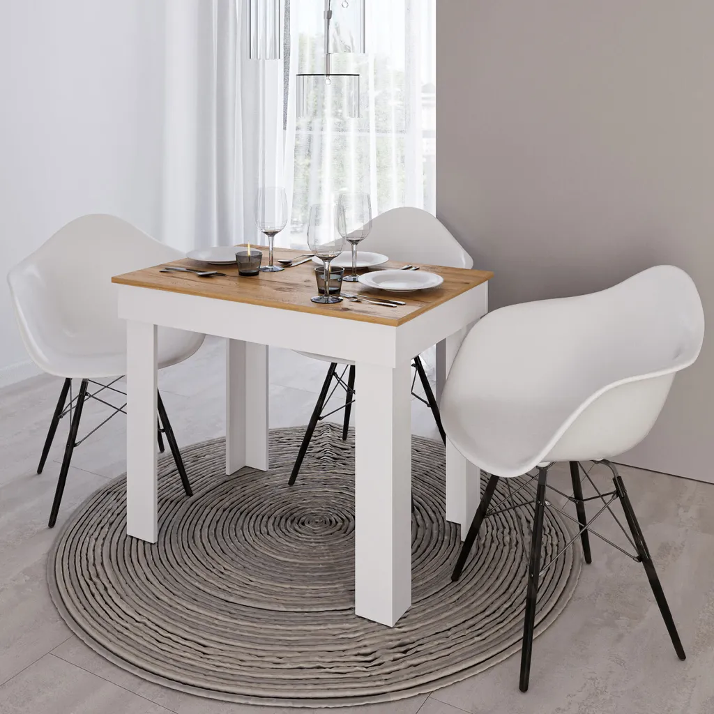 Table à Manger 90x60 cm en Bois Chêne Blanc pour Cuisine et Salon