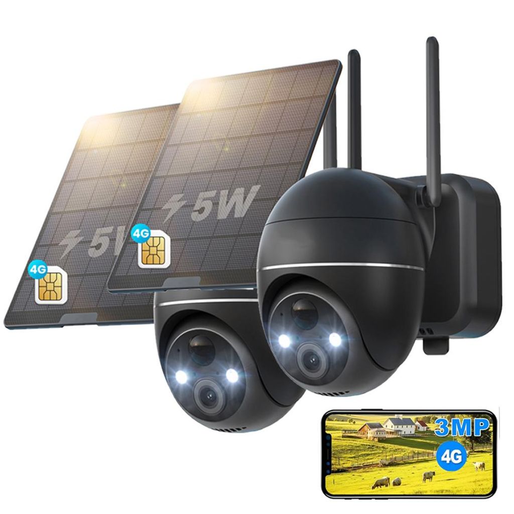 2 Stück 4G LTE Überwachungskamera Aussen Solar mit SIM Karte ohne WLAN Kamera Überwachung Aussen Akku Outdoor Kamera 355°/120° Schwenkbar