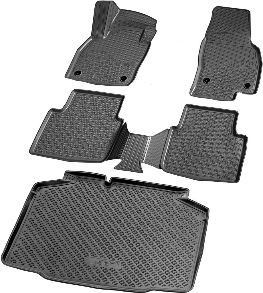 A set of car floor mats and a trunk liner are displayed against a white background.