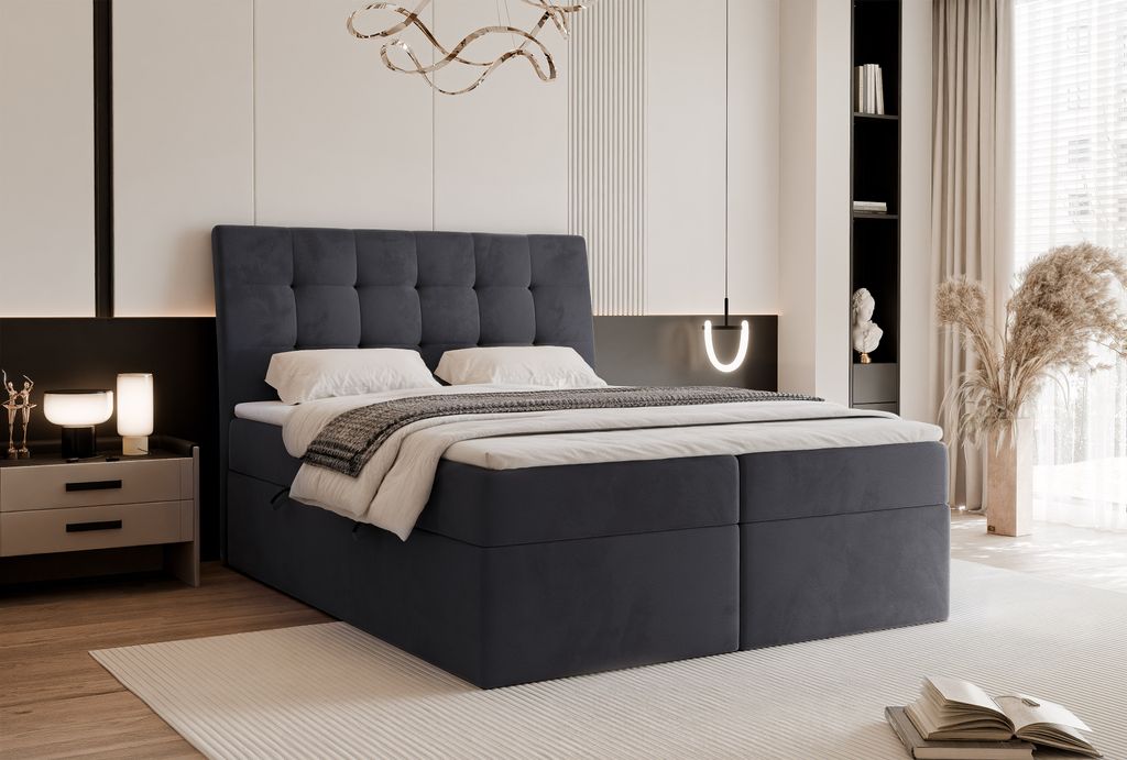 Kontinentalbett mit Matratze und Topper Boxspringbett BAILEY 140x200 cm Doppelbett mit Bettkasten Polsterbett Grau Casablanca 2315