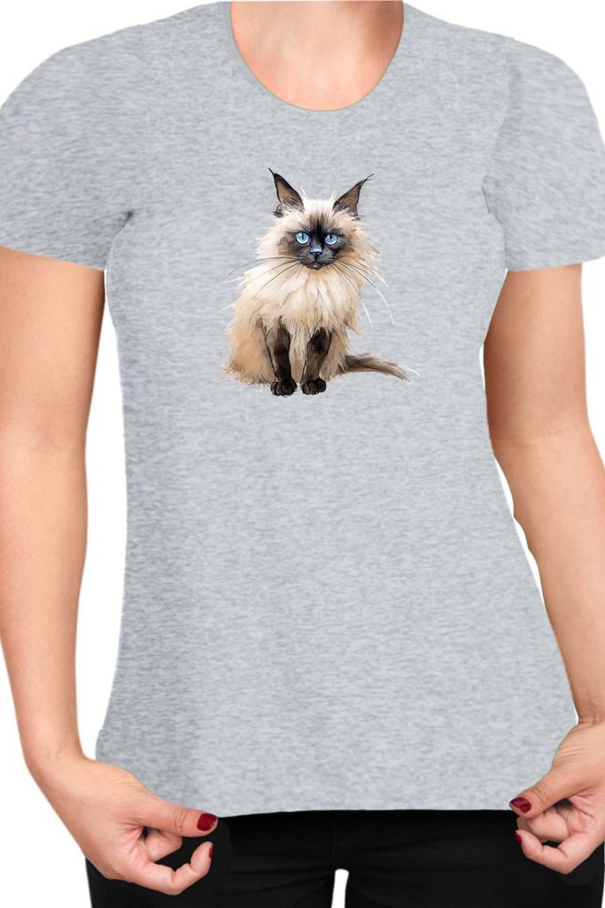 Damen T-Shirt Funny Cats Breeds Birman Cat 014, Lady XS / Grau