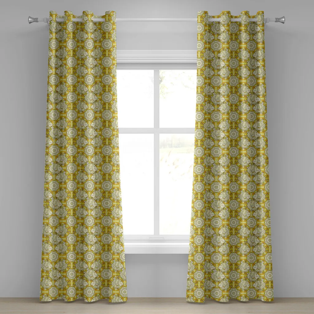 Rideaux Décoratifs à Motif Poissons d'Aquarium Jaune et Beige 280x245cm