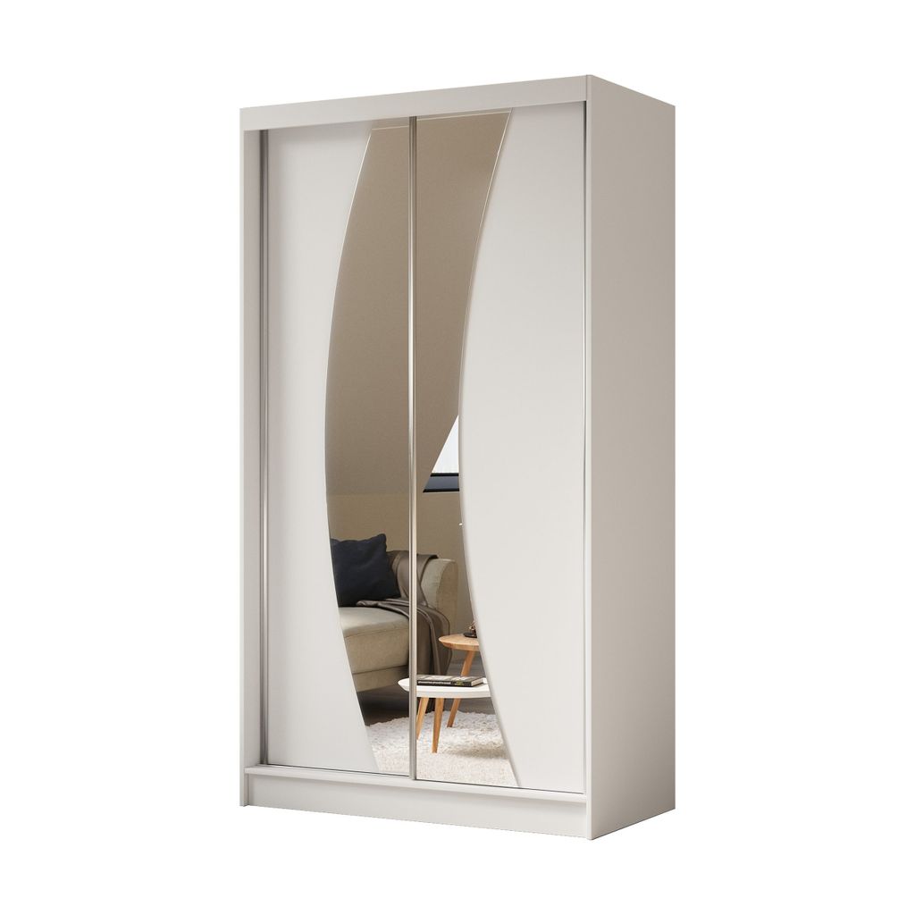 Schwebetürenschrank VOX II 120 cm – Kleiderschrank mit Schubladen, Spiegel & Schiebetüren (Weiß)