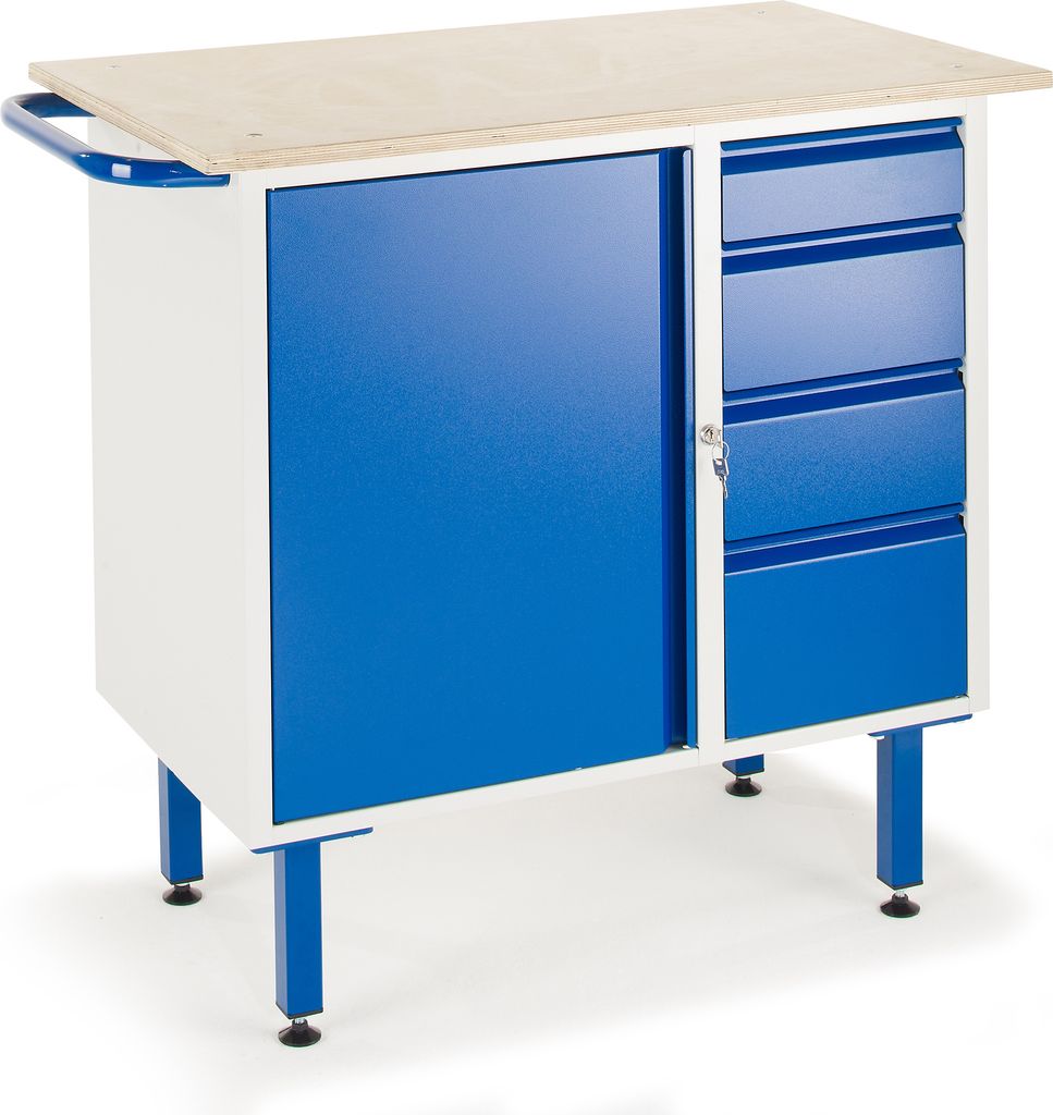 Rollcart Kleine Werkbank auf Füßen mit 4 Schubladen und Stahlschrank