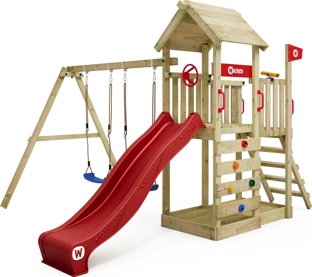 WICKEY Spielturm Klettergerüst MultiFlyer Holzdach mit Schaukel & Rutsche, Kletterturm mit Naturdach, Sandkasten, Leiter & Spiel-Zubehör – rot