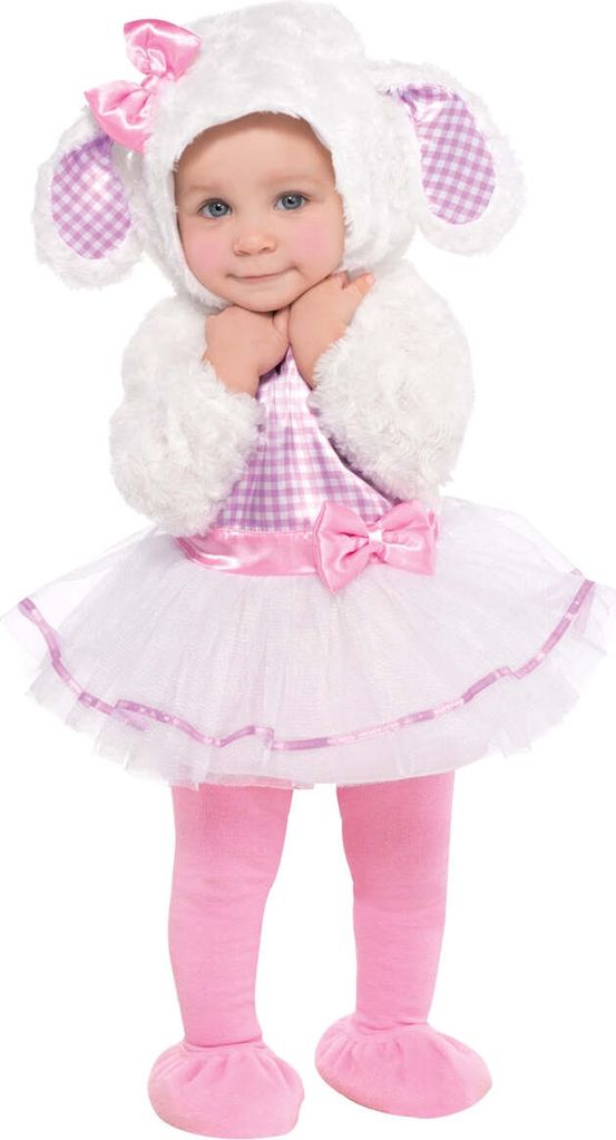 A baby wearing a lamb costume.