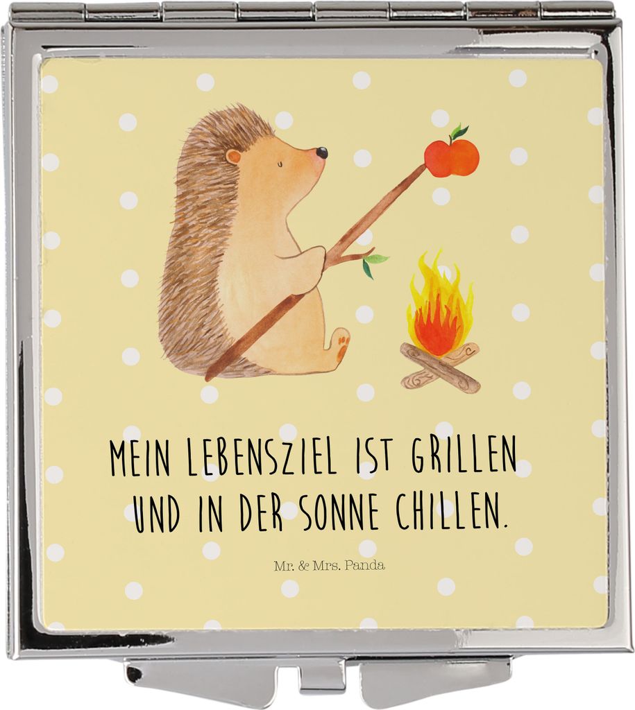 Mr. & Mrs. Panda Kosmetikspiegel Igel Grillen - Gelb Pastell - Geschenk, Sinn Des Lebens, Spruch, Ziele, Schminkspiegel, Lustige Sprüche, Quadrati...