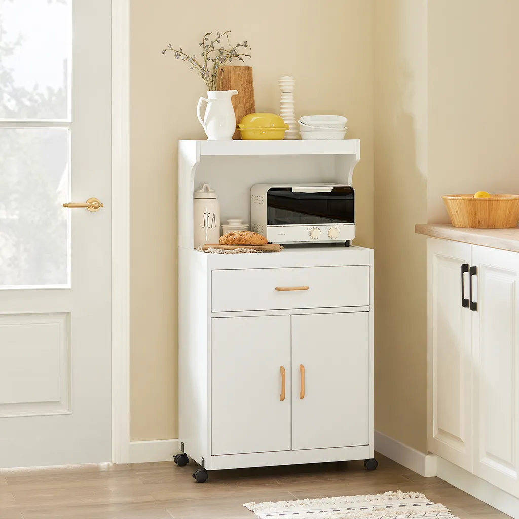 Chariot à boissons et micro-ondes blanc pour petite cuisine fonctionnelle