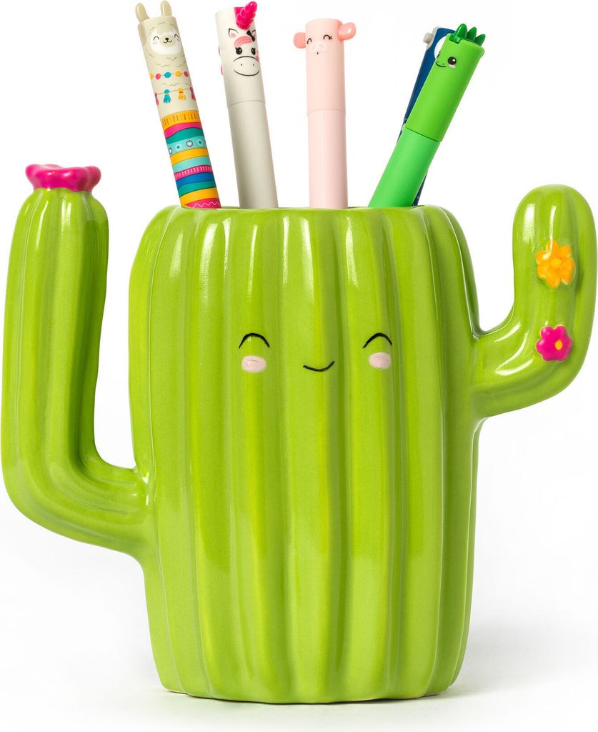 A green ceramic cactus-shaped pen holder filled with colorful pens.